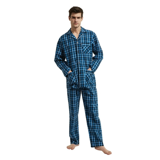 GLOBAL Conjunto de Pijama de Tejido Liso de Manga Larga para Hombre, Ropa de Dormir de Algodón, Ropa de Dormir Cómoda, Cuadros Azul Claro y Azul Marino M