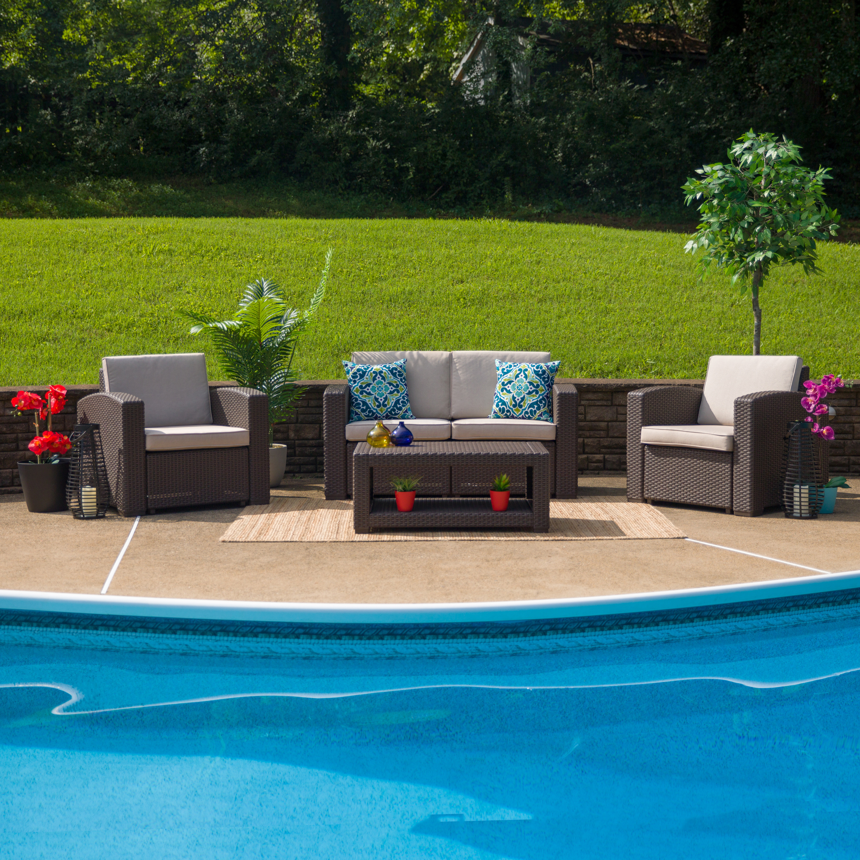 Flash Furniture Seneca 4 Piece Outdoor Faux Rattan Chair, Loveseat and Table Set in Seneca Chocolate Brown - image 2 of 5
