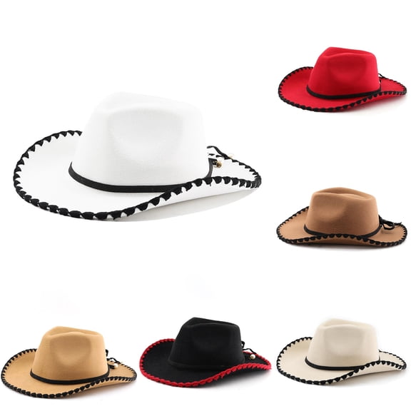 XIAOCHA Womens Solid Cowboy Hat Stitched Trimming Outdoor Farm Cowgirl Hat,White1