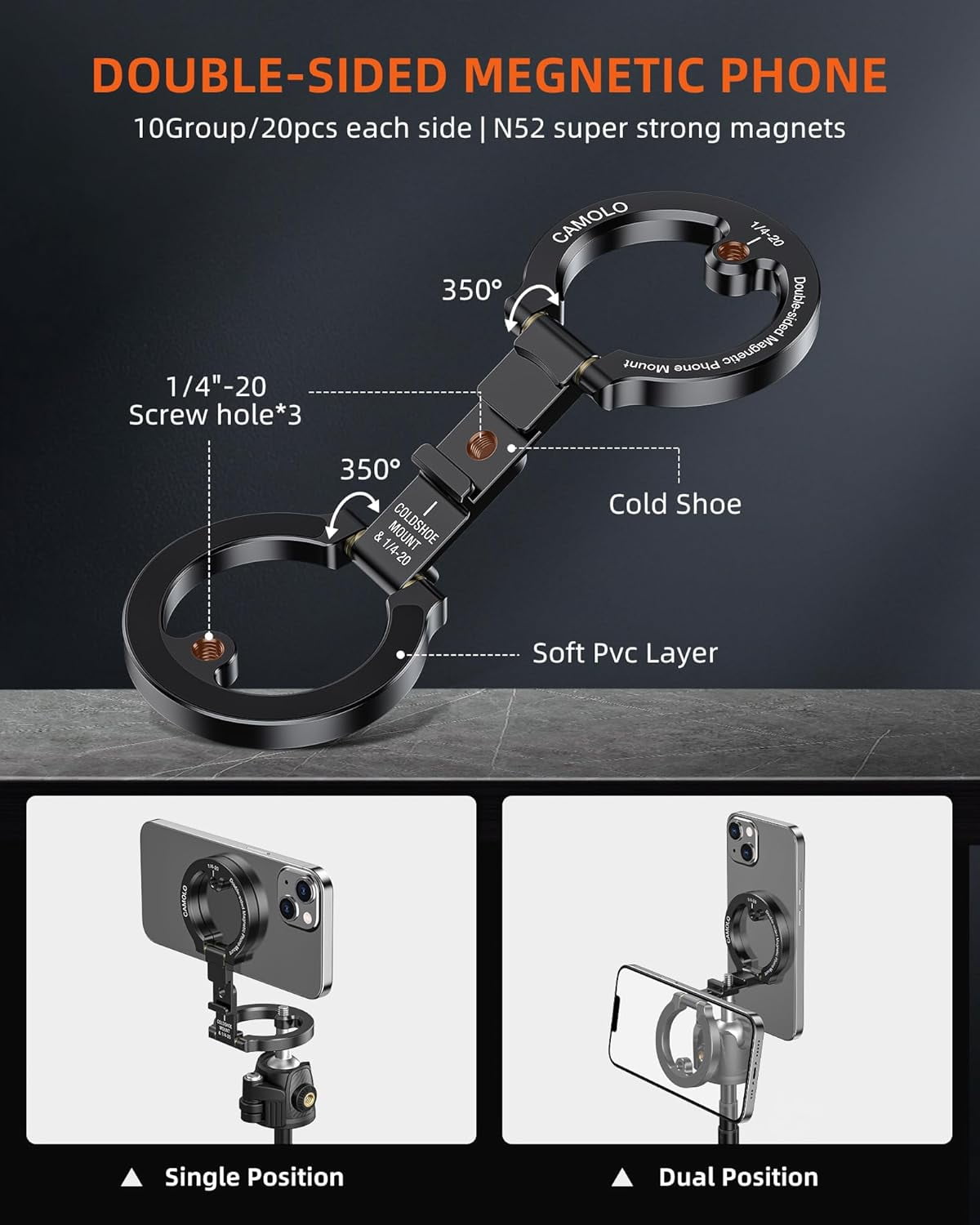 CAMOLO Dual Magnetic Phone Holder Compatiable with Magsafe iPhone 16 15 14 13 12 Pro Max Plus Series 1/4" Screw Tripod Mount Gym Magnetic Phone Stand Travel