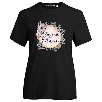 SHOPFIVE Thanksgiving Woman's Stylish Floral Wreath Pattern Blessed Mama Letter Print Round Neck Short Sleeve t-Shirt Thanksgiving Best Gift