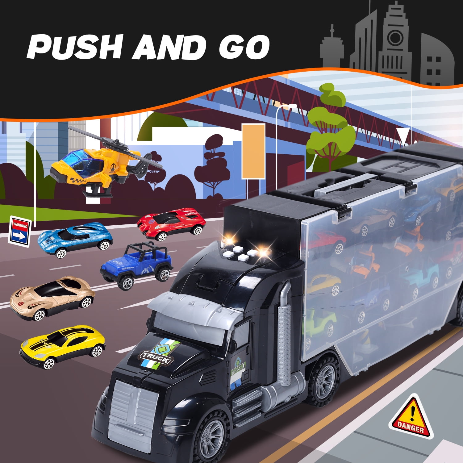 JoyStone 29 in 1 Toy Truck Transport Car Carrier, Kids Toys Truck Alloy Metal Car Toys Set with Cars, Soldiers, Road Signs, with Lights and Sounds, JoyStone 29 in 1 Toy Truck Transport Car Carrier, Kids Toys Truck Alloy Metal Car Toys Set with Cars, Soldiers, Road Signs, with Lights and Sounds,