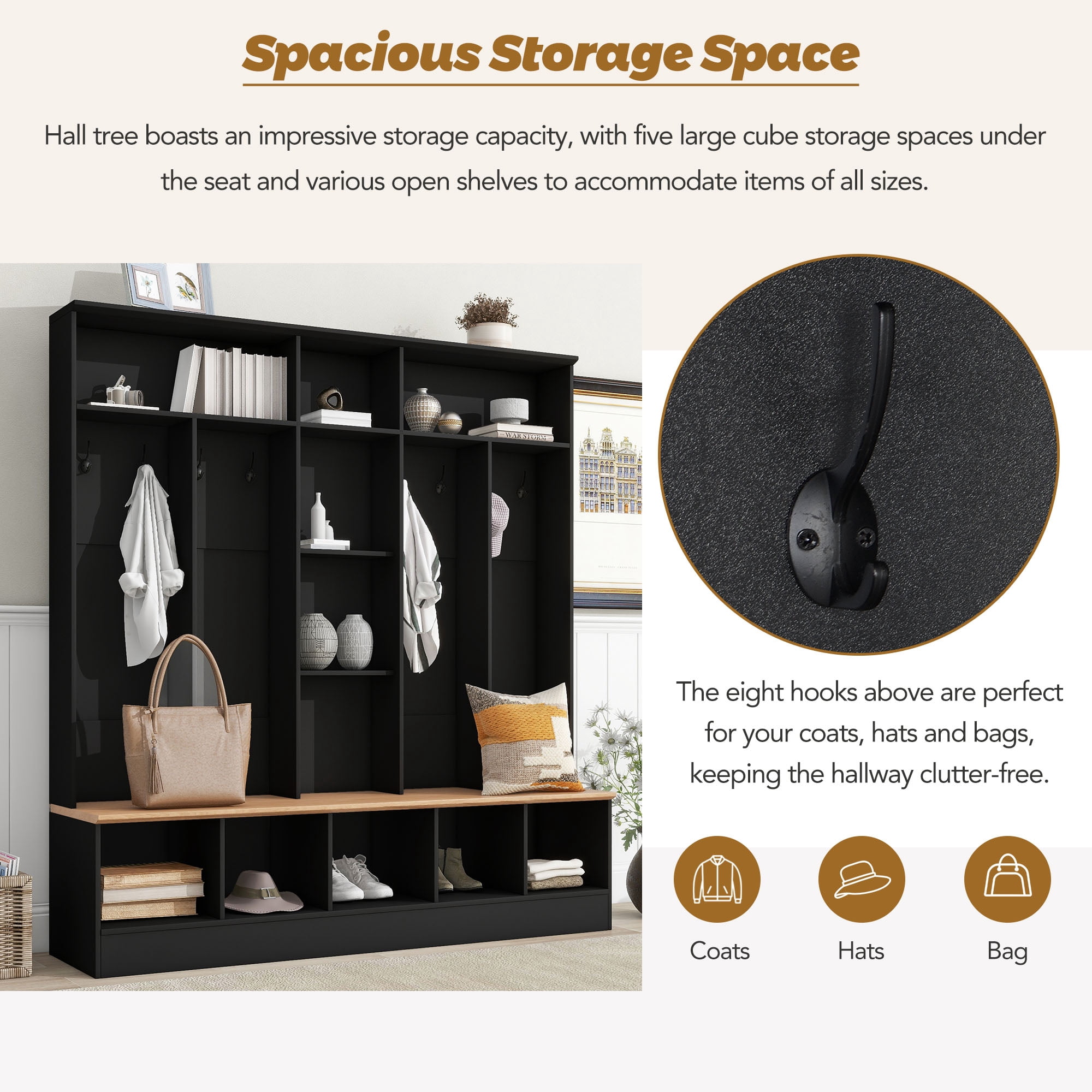 Euroco Wide Design Hall Tree with Storage Bench, Minimalist Shoe Cabinet with Cube Storage & Shelves, Multifunctional Coat Rack with 8 Hooks for Entryways, Mudroom