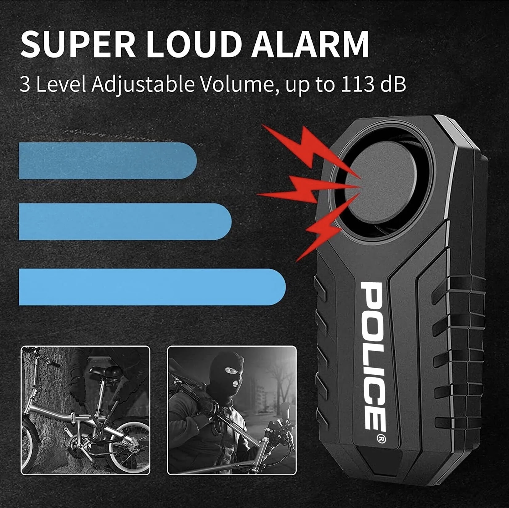 POLICE Bike Alarm with Remote 113dB Loud Scooter Alarm System, Anti Theft Motorcycle Alarm, Wireless Vibration Motion Sensor Waterproof Security System for Electric Bike Tricycle Mobility Scooter