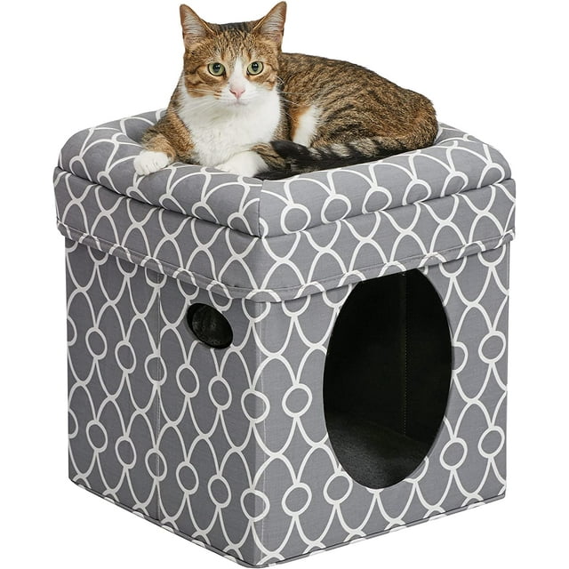 Cat Cube | Cat House / Cat Condo in Fashionable Mushroom Diamond Print | 15.5L x 15.5W x 16.5H Inches