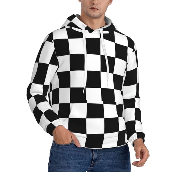 Black White Checkerboard Men’s hooded sweatshirt long-sleeved pull-over ideal for travel and everyday wear