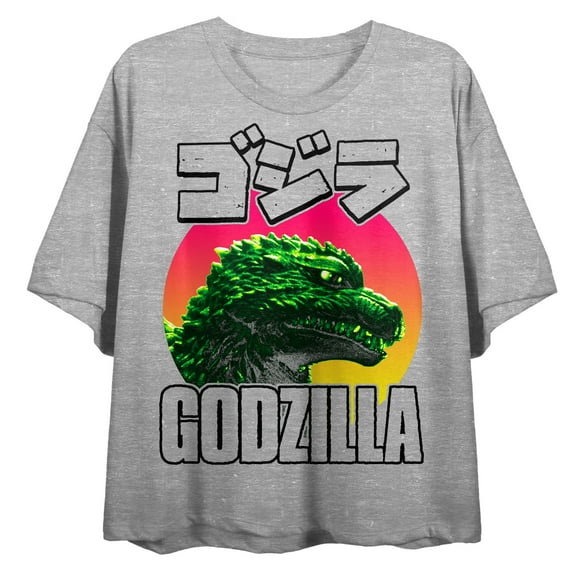 Godzilla Character Head Crew Neck Short Sleeve Heather Gray Women's Crop Top-Medium