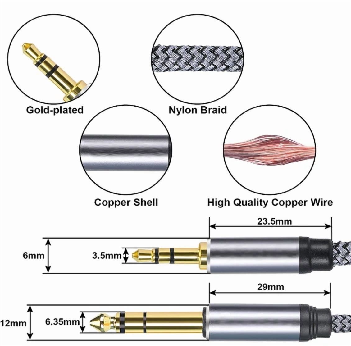 KLYNE- 30Cm Portable Audio Cable 3.5Mm Male To 6.5Mm Male Guitar Computer Connect Cable