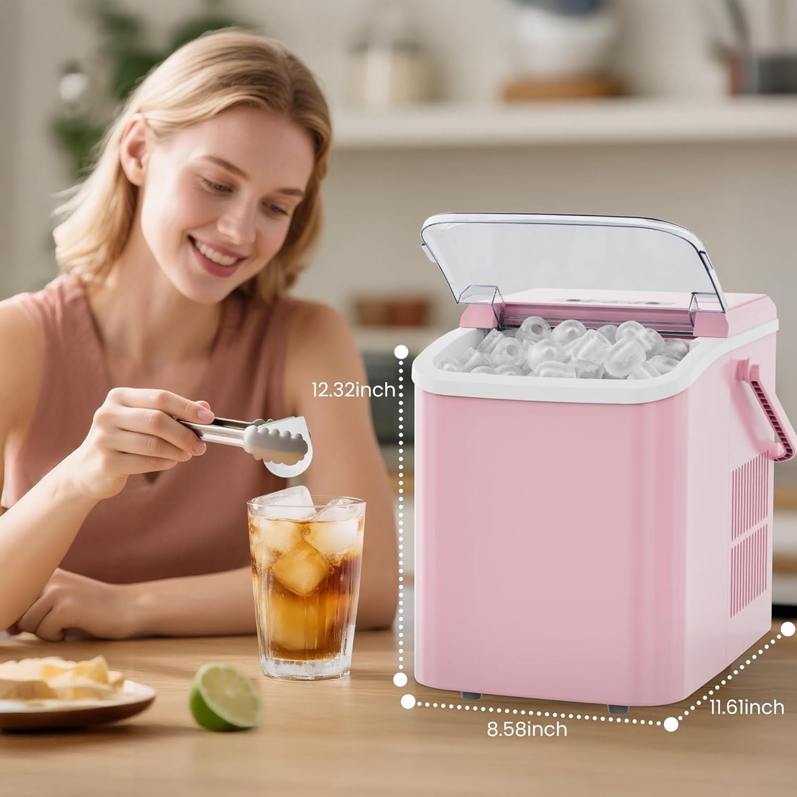 Casabay Portable Countertop Ice Maker with Handle, 6 Mins 9 Ice Cubes, Self-Cleaning, 24H High Output for Home, Parties & Camping, Pink