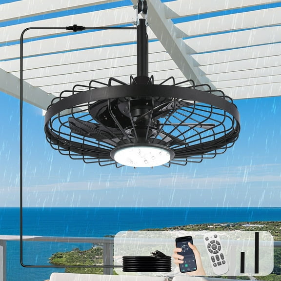 20" Waterproof Outdoor Ceiling Fan with Light - IP44 Plug-in, Remote/App Control, 6-Speed Black for Gazebo, Patio, Pergola