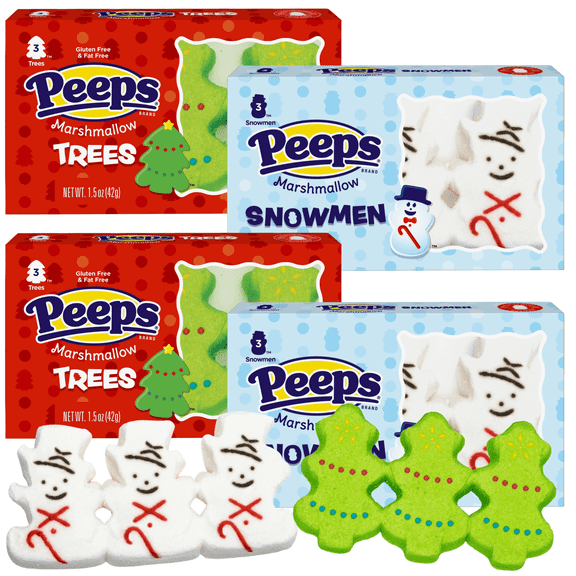 Christmas Peeps Variety Pack, Snowmen and Christmas Tree Marshmallow Candy Stocking Stuffers, Pack of 4, 3 Count