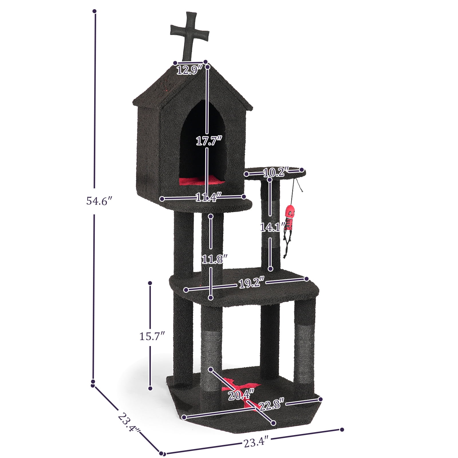 ZephyPaws 57" Gothic Cat Tower for Indoor Cats, Multi-Level Cat Tree with Large Condo, Scratching Posts, Cross Top Design, Hanging Toy & Plush Surfaces, Black and Red