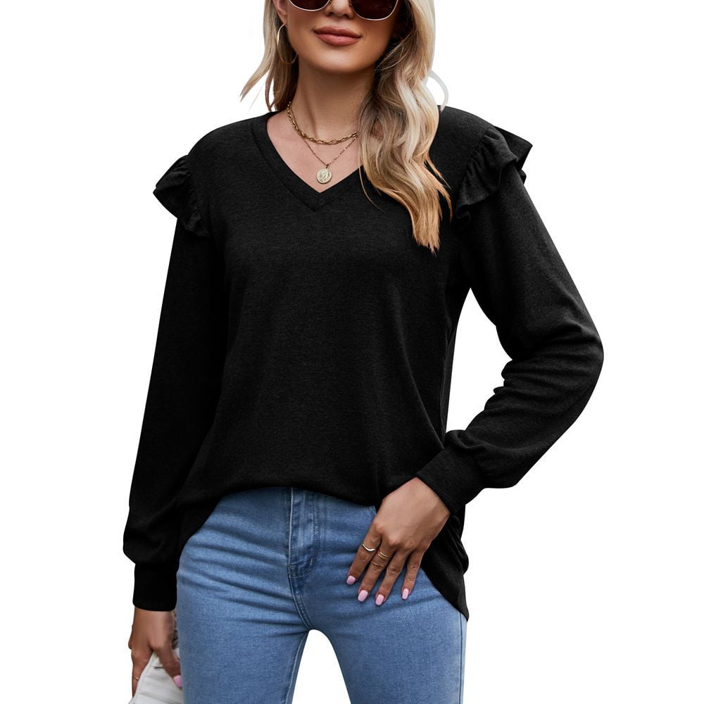 Women s Long Sleeve V Neck T Shirt Black M