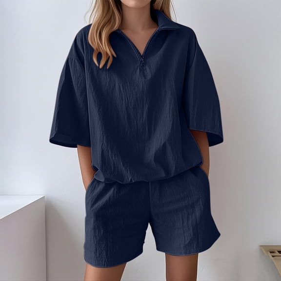 Cagogo Women's Collared Short Sleeve 2 Piece Set Casual Solid Matching Outfits Summer Cruise Travel Shorts Tops Lounge Sets Tracksuits Loungewear Airport Clothes, Navy L