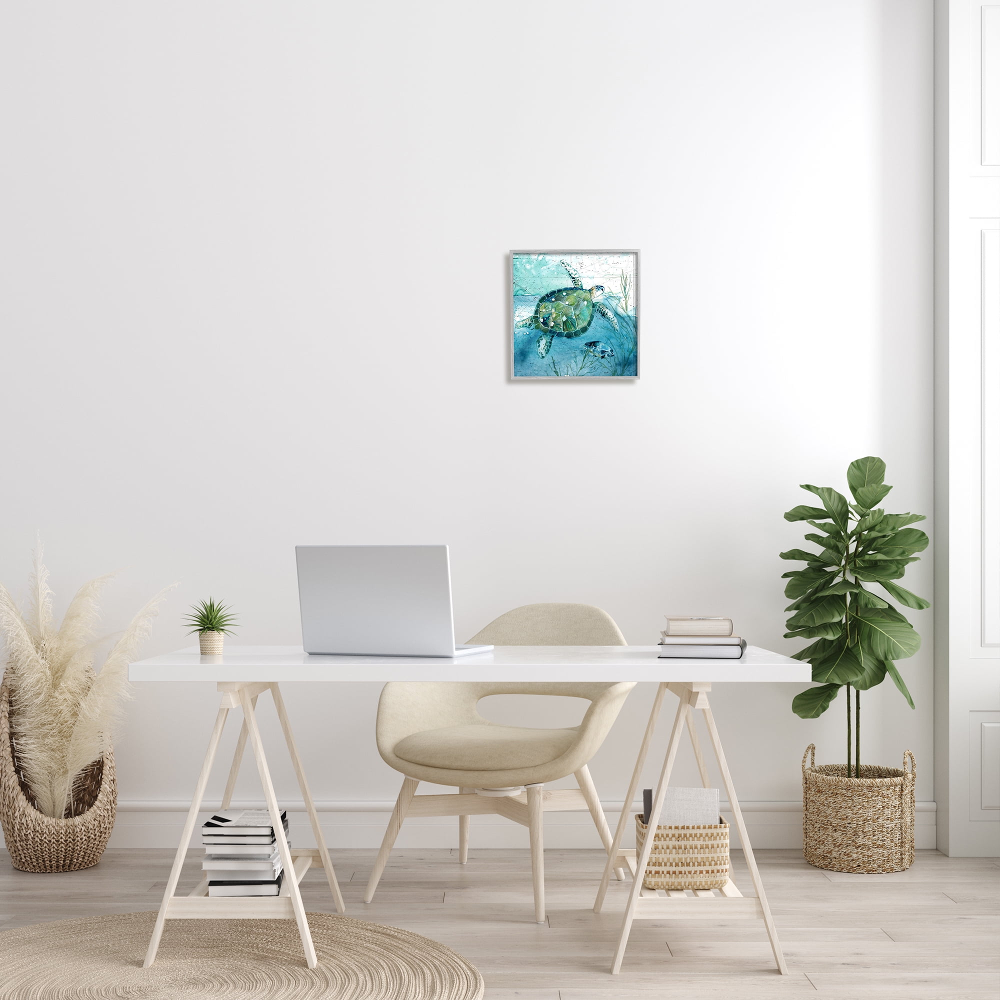 Stupell Industries Sea Tortoise and Fish over Blue Nautical Ocean Map Coastal Painting Gray framed Art Print Wall Art, 12 x 12, Design by Carol Robinson