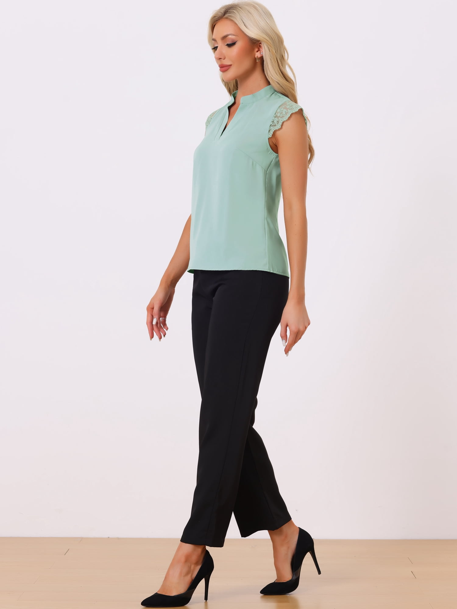 DARING DIVA Women's V Neck Sleeveless Basic Blouse Top S Pea Green