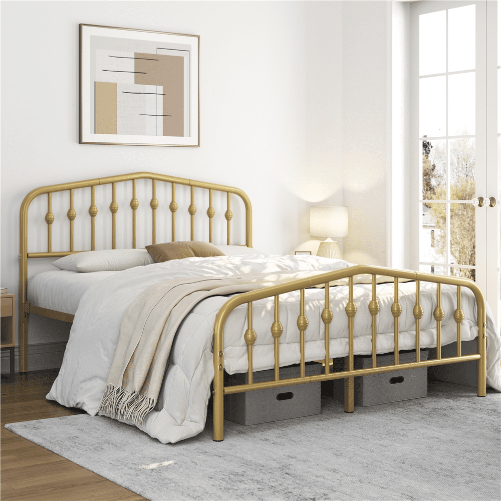 Renwick Modern Metal Platform Queen Bed with Arched Headboard and Footboard, Adult, Antique Gold