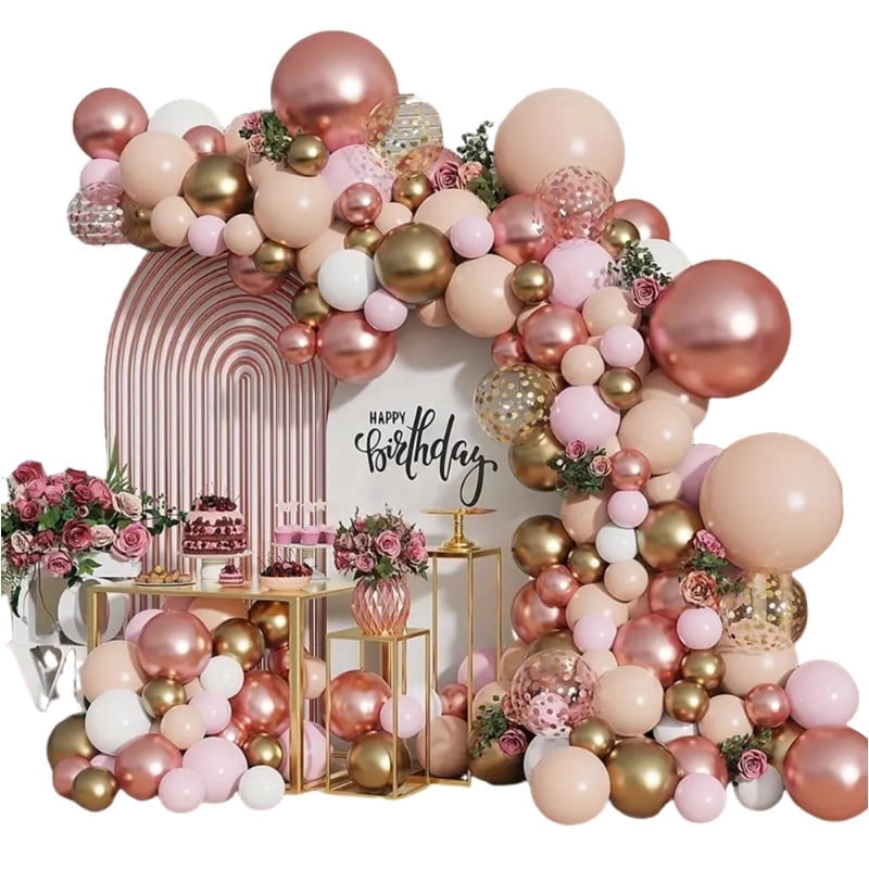 Rose Gold Balloon with Garland Kit, 135PCS Nude Pastel Pink Metallic Gold Matte White Balloons Set for Wedding Bridal Shower Birthday Decorations