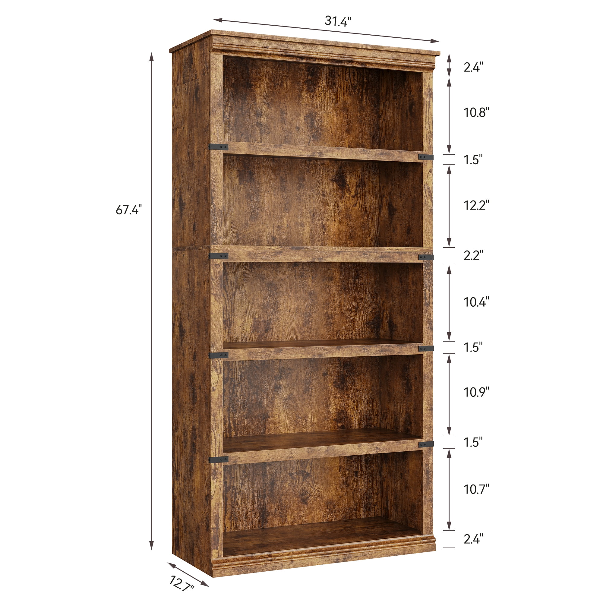 Aoile 5 Tier Farmhouse Bookshelf, 12.7" x 31.4" x 67.4" Heavy Duty Freestanding Bookcase, Bookshelves with Storage Open Display for Home Office, Living Room, Bed Room, Bathroom, Vintage