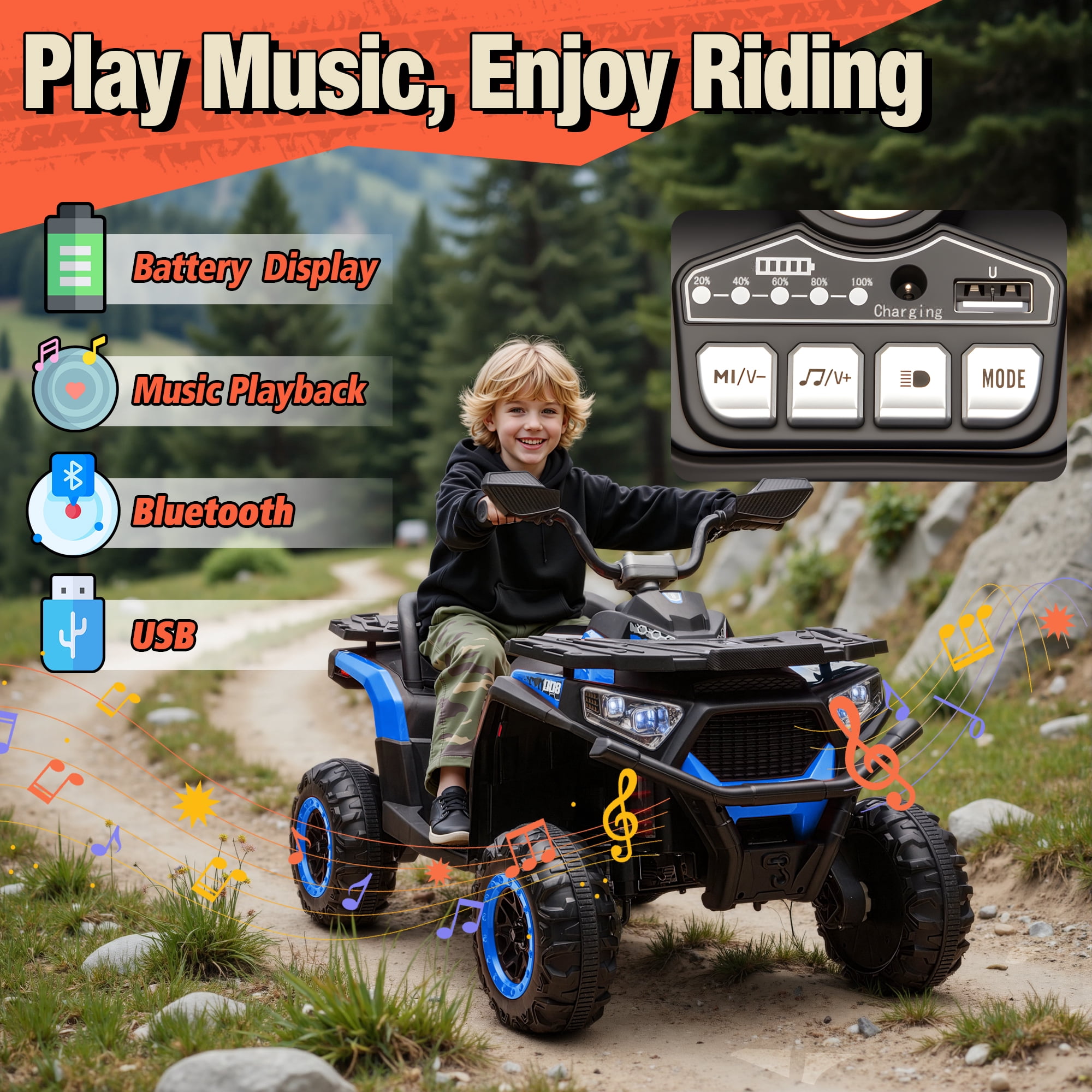 Joyracer 24V 4x4 Kids ATV Electric 4-Wheeler with Leather 2-Seater, 24 Volt Ride on Toys for Big Kids w/ Kneepads, 4x200W Motors, Bluetooth Music, Blue