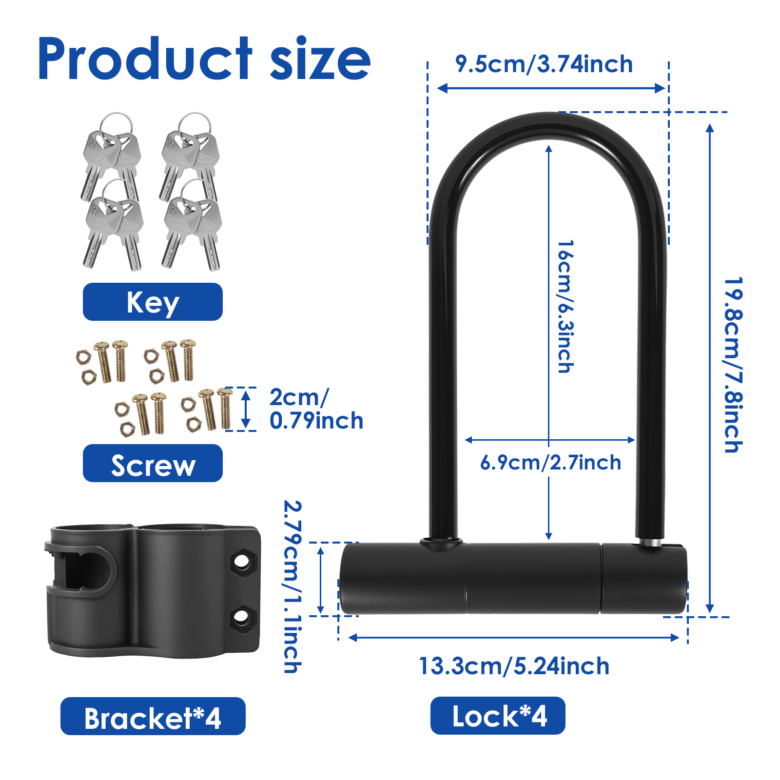 AEVXKHI 4 Sets Bike U-Locks, Heavy Duty Anti Theft Secure Locks, High Security Bike U Lock with Keys and Mounting Bracket, for Electric Scooters, Mountain Bikes, Road Bicycles, Doors, Fences