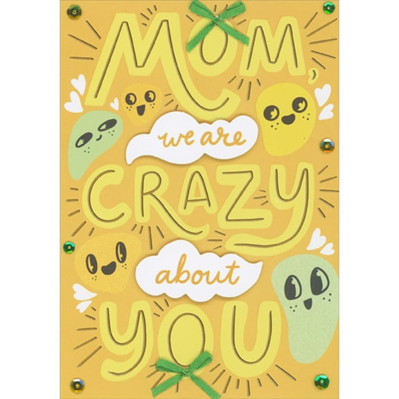 Designer Greetings Mom, We Are Crazy About You: Smiling Faces, 3D Talk Bubbles, Ribbon on Yellow Hand Decorated Mother's Day Card from Daughter and Family