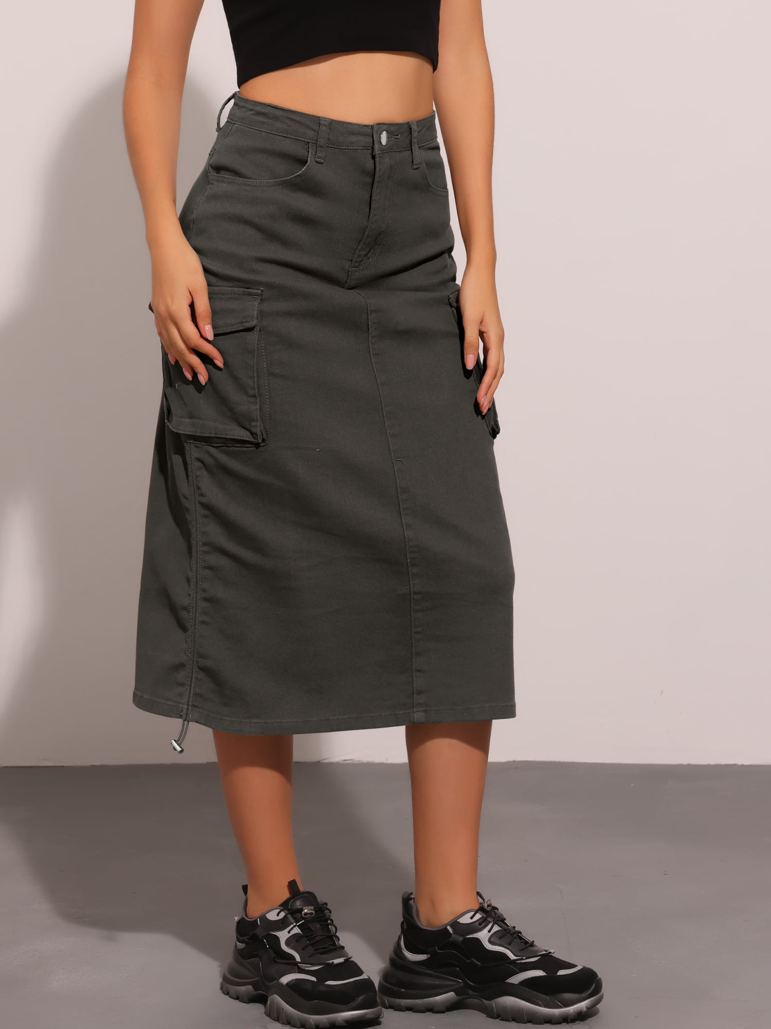 DARING DIVA Women's Y2K Adjustable Casual A-Line Midi Jean Skirt Small Denim Black