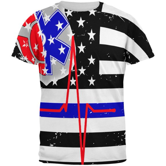 EMS EMT Firefighter Thin Blue Lives Line Flag All Over Mens T Shirt Multi SM