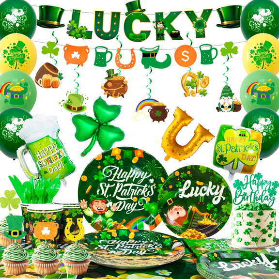 117pcs St Patricks Party Tableware, St. Patricks Day Party Supplies Set Including St Patricks Party Plates Tablecloth Napkins Balloons etc St. Patrick's Party Decorations