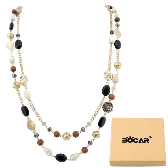Bocar Long Statement Necklaces for Women Trendy, Boho Costume Jewelry Layered Crystal Beaded Collar Necklaces for Women (NK-10084-Black)