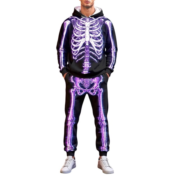 CONFREE Halloween Mens Tracksuit 2 Peice Lined Sweat Suit for Men Hallowmas Skeleton Graphic Hoodies Joggers Outfits Warm Fall Winter Track Suits Set