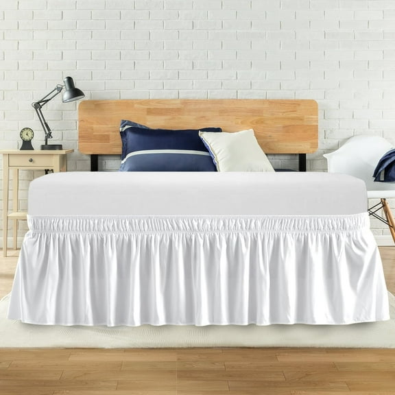 Queen Bed Skirt, Elastic Wrap Around Bed Skirt, 14 Inch Drop Bed Skirt, Adjustable Bed Skirt, No Lift Mattress Bed Skirt, White