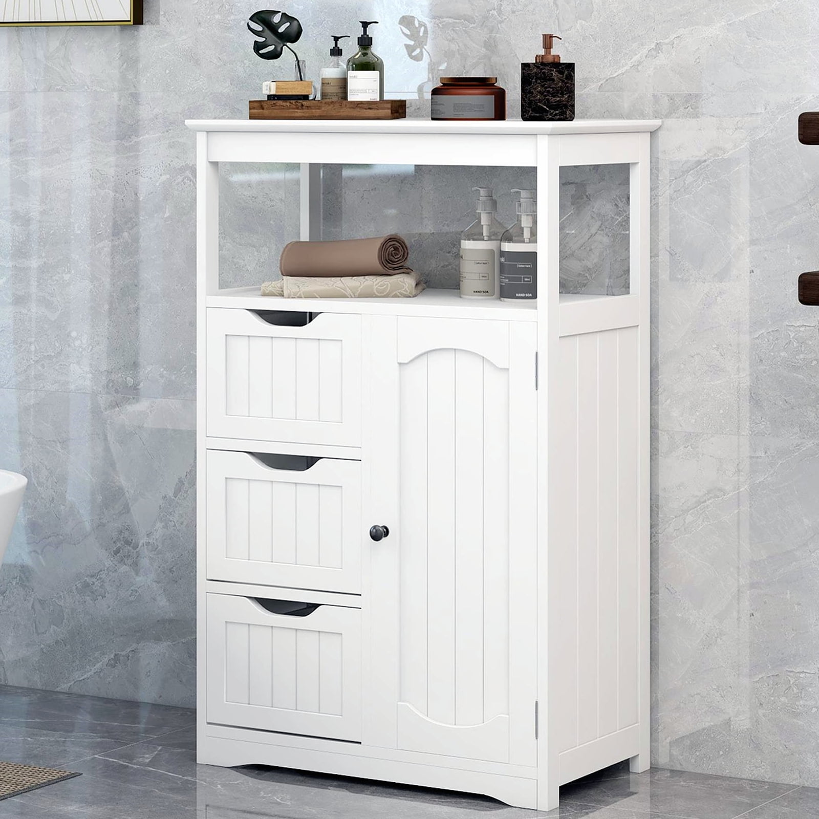 Wood Bathroom Storage Floor Cabinet Shelf Cupboard Toilet Organizer w/Drawers 
