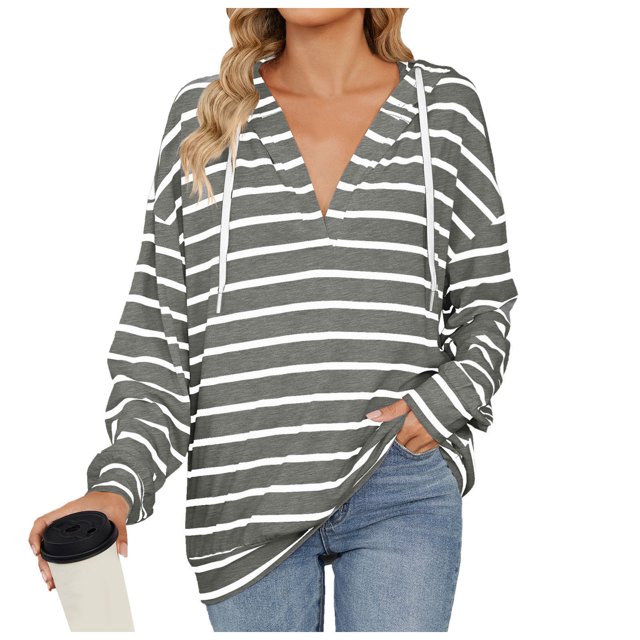 HNMKIU Brown Hoodie And Winter Drawstring Hooded Striped Long Sleeved Sweatshirt Top