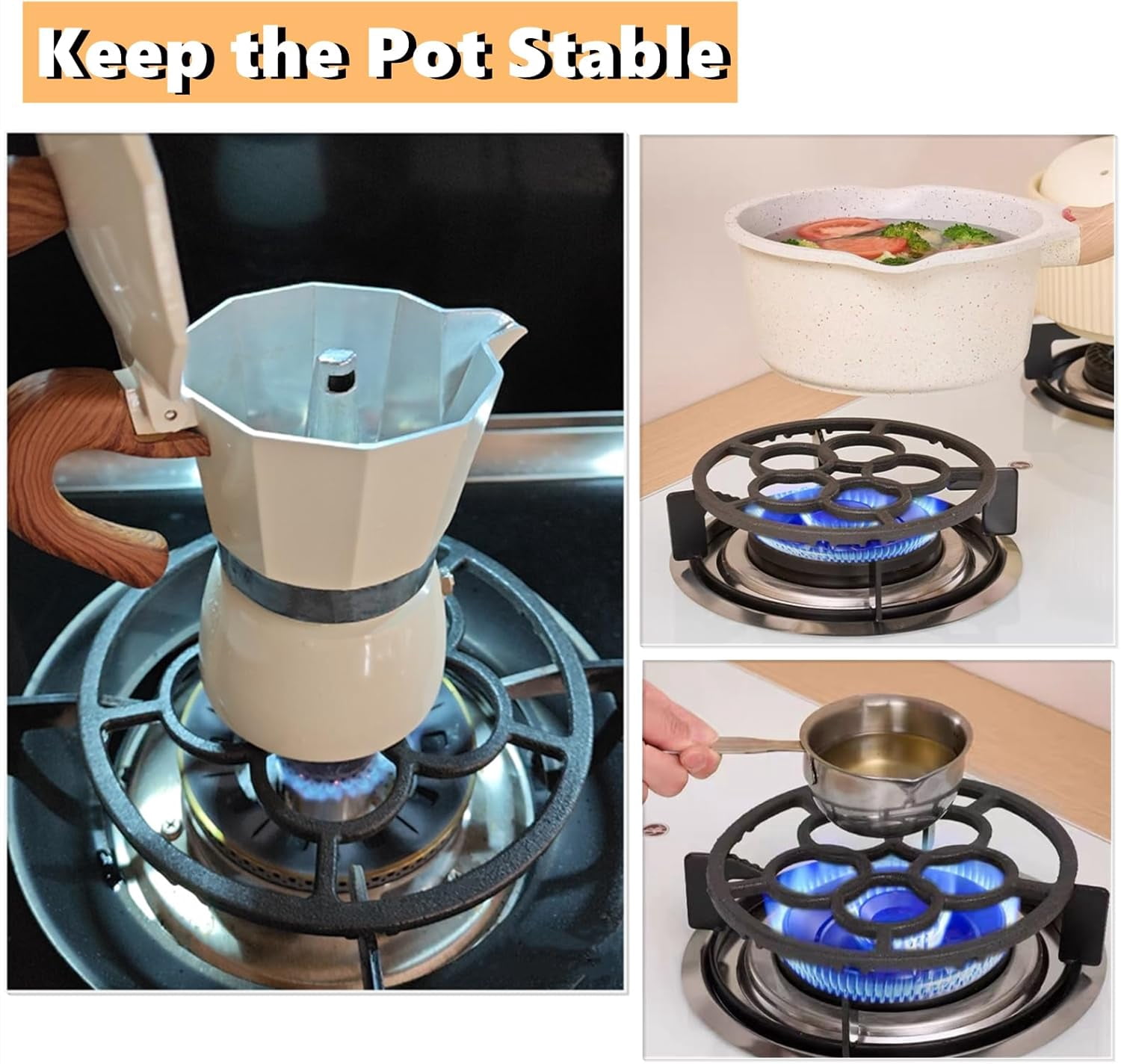 ABCISI Cast Iron Wok Support Ring Stovetop Stand, Non Slip Gas Ring Reducer for Moka Pot Coffee Pot Small Saucepan, Reducer Ring Holder Trivets for Gas Stove Camping Stove