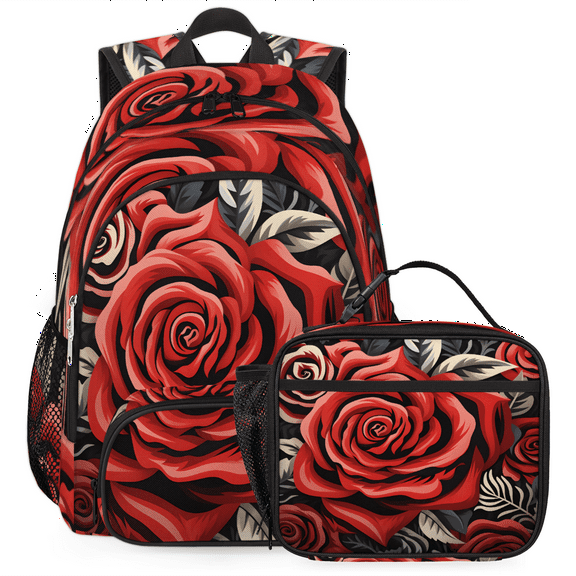 Herdesigns Rose Backpack with Lunch Box Bloom Flower Roses Red Lightweight Large Travel Work Laptop Backpacks Set Casual Daypacks