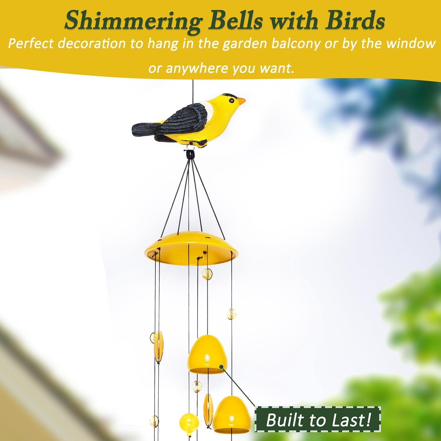 American Goldfinch Bird Wind Chimes with Bells, Large Unique Birds Chimes for Garden Backyard Church Hanging Decor, 40"
