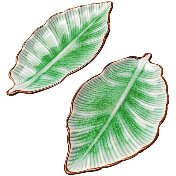 Porcelain Spoon Rest for Kitchen Counter, 7 inches 2 Pieces of Green Leaf Shaped Ceramic Spoon holder, Kitchen Utensils, Farmhouse Kitchen Decor and Accessories (Dishwasher Safe）