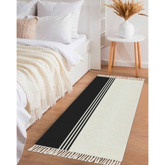 Black White Striped Hallway Runner Rug 2x5ft,Modern Abstract Art Aesthetics Washable Woven Living Room Bedroom Kitchen Bathroom Carpet with Tassels,Indoor Outdoor Throw Door Mat for Entryway
