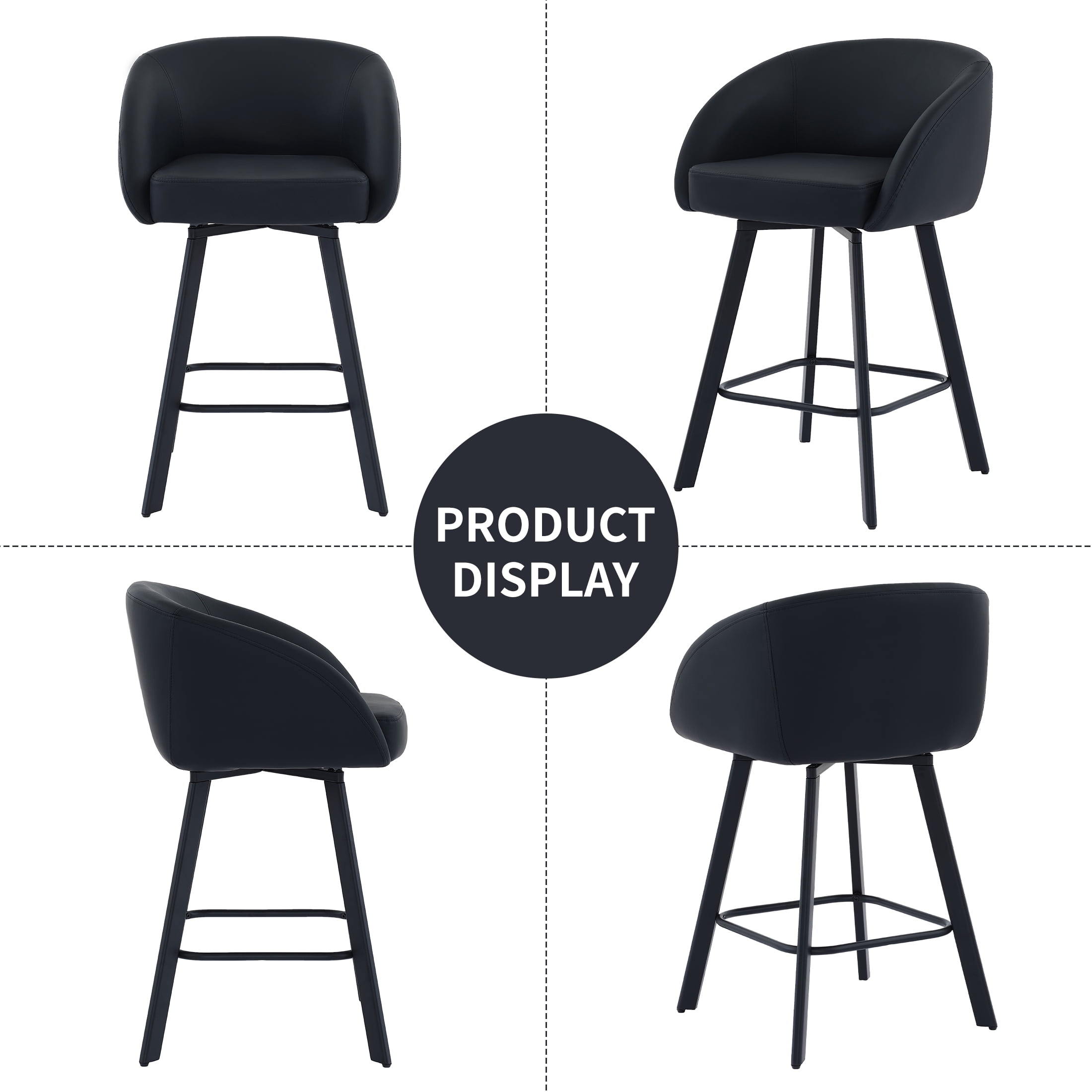 FIRAVOE Bar Stools with Back Set of 2, Swivel Counter Height Bar Stools with Footrest (26") Faux Leather Black Barstools for Kitchen Island