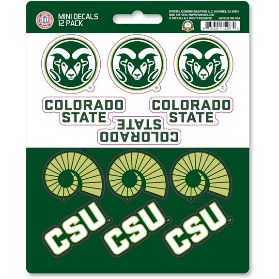 Colorado State University Rams 12-Piece Mini Decal Sticker Set, 5x6 Inch Sheet, Gift for football fans for any hard surfaces around home, automotive, personal items
