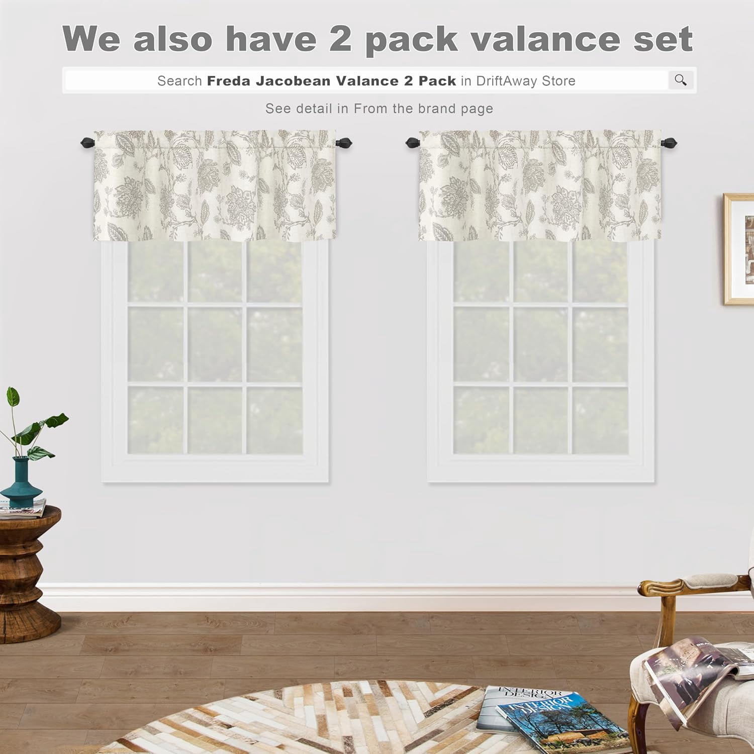 DriftAway Freda Jacobean Floral Linen Blend Blackout Thermal Insulated Energy Saving Privacy Window Curtain Valance Rod Pocket 2 Layers Single 18"L x 52"W plus 2" Header Gray Beige