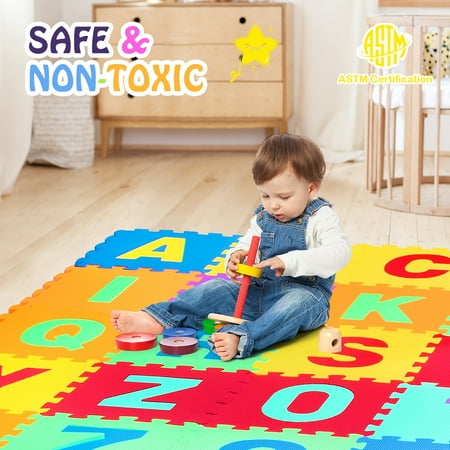 Costway Kids Foam Interlocking Puzzle Play Mat w/Alphabet & Numbers 72-Piece Set - Multi-Color