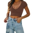 thumbnail image 3 of Mittory Women's Trendy Sexy V Neck Short Sleeve Double Lined Slimming T Shirts Crop Tops Tees, 3 of 7