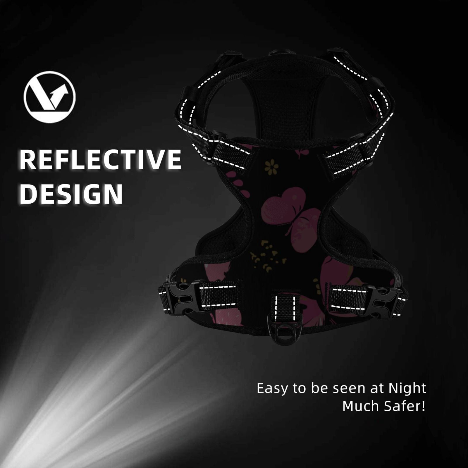 Fuzoiu Girl Butterfly Print Reflective Dog Harness,Adjustable, Breathable Pet Vest,Dog Harness No Pull,No Choke Pet Vest for Small, Medium, and Large Dogs-Large