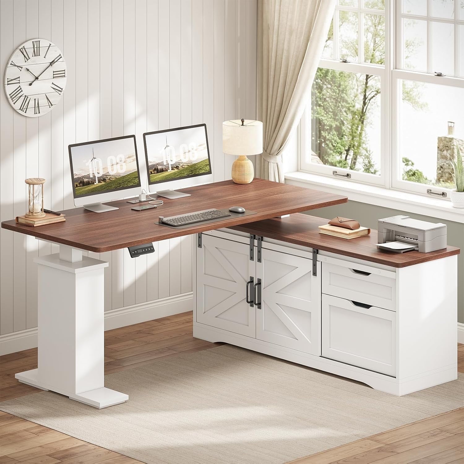SEDETA Farmhouse L Shaped Standing Desk, 55 inch Height Adjustable Corner Desk with Storage Drawers, Standing Computer Desks with Power Outlets for Home Office, Elegant Computer Desk, White