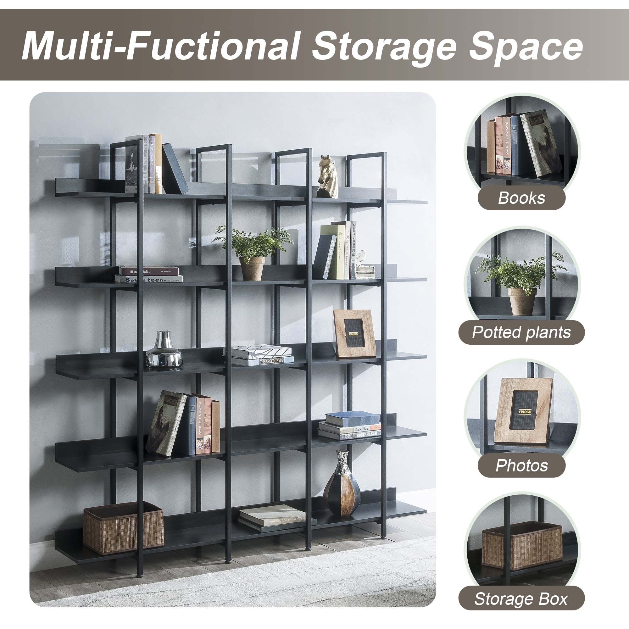 Euroco 5 Tier Bookcase Home Office Open Bookshelf, Vintage Industrial Style Shelf, MDF Board, Black Metal Frame