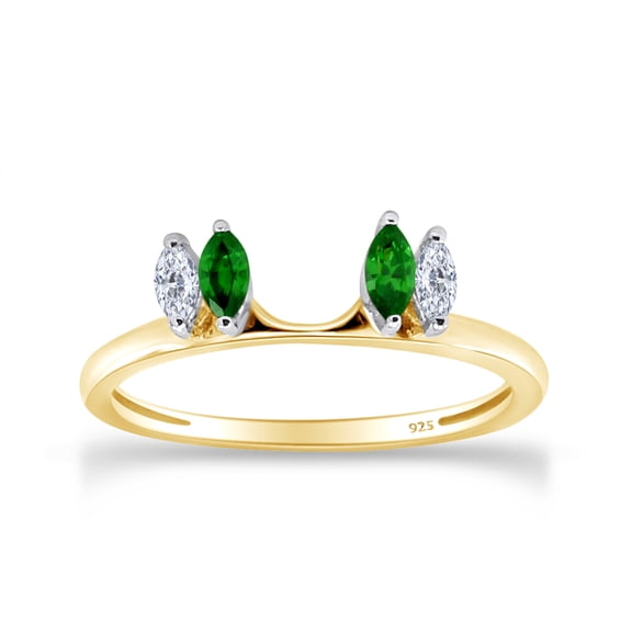 White Natural Diamond & Emerald Enhancer Guard Wrap Wedding Ring in 14k Yellow Gold Over Sterling Silver (1/6 Cttw)