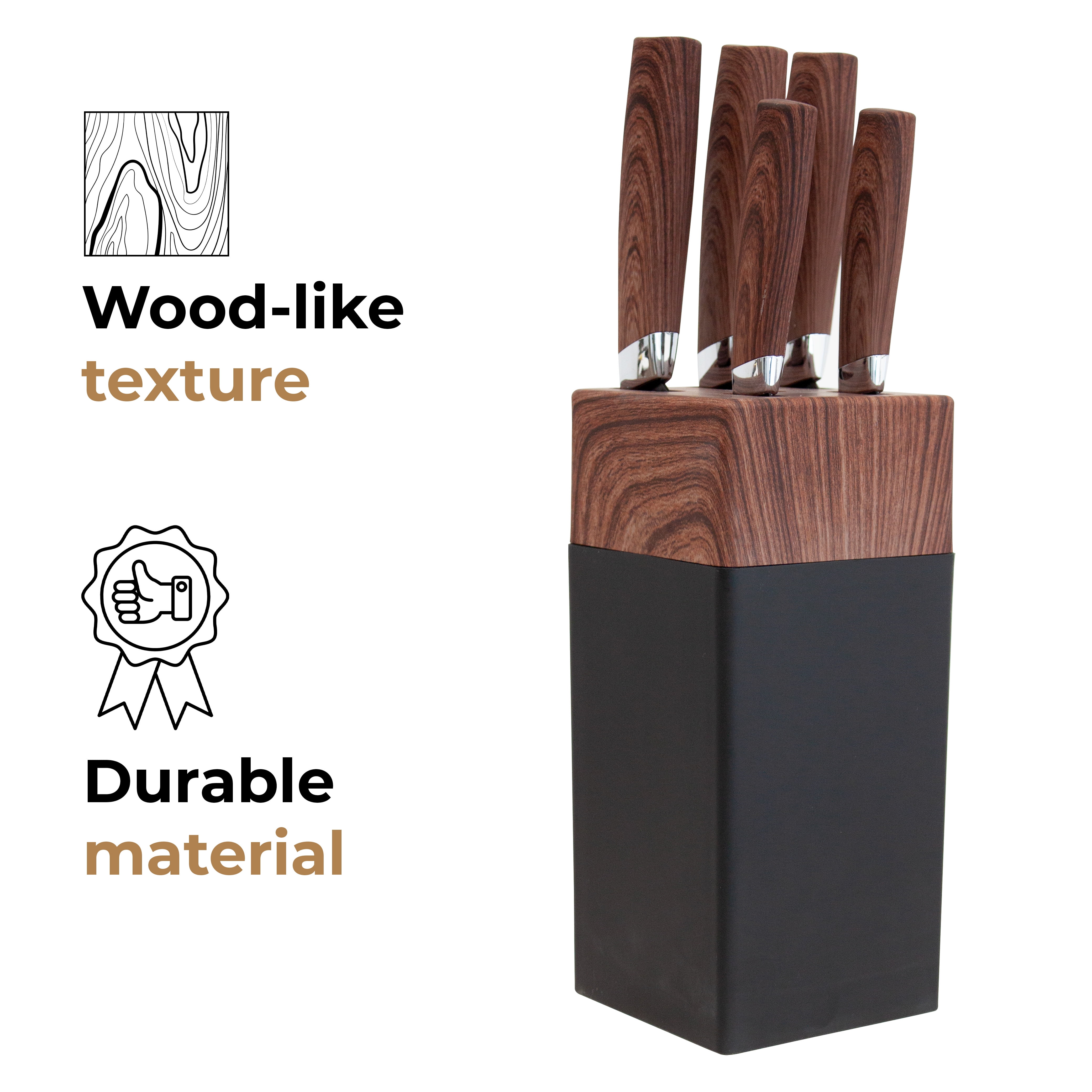 JS Gourmet 5 Piece Stainless Steel Black Knife Set with Storage Block for Kitchen