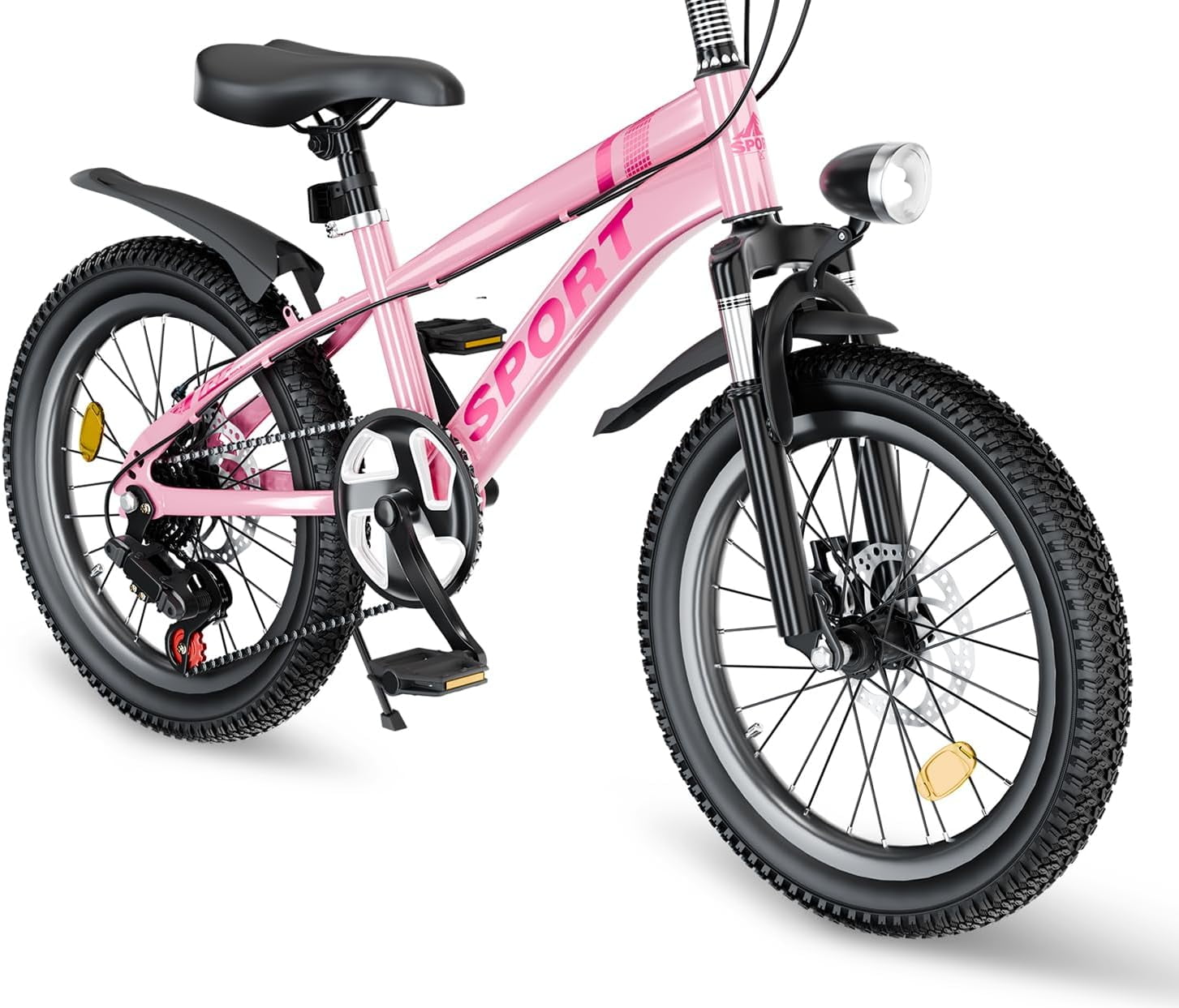 20 Inch  Mountain Bike Gift – 7-Speed Gears, Dual Disc Brakes, Shock Absorber Front Fork, LED Light – Silver & Pink